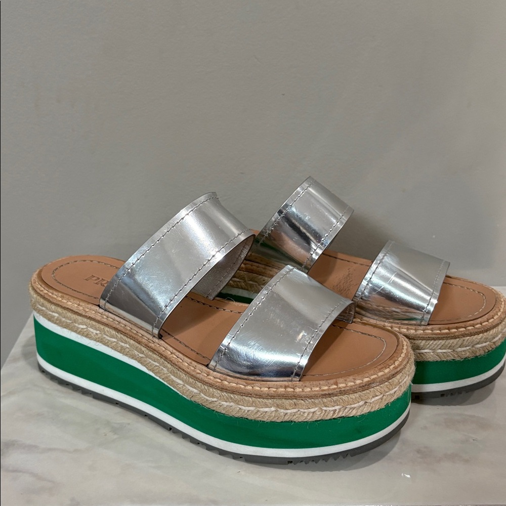Prada Silver and Green Platform Metallic Two Band Espadrille Slides 37.5 7.5 - Picture 13 of 13